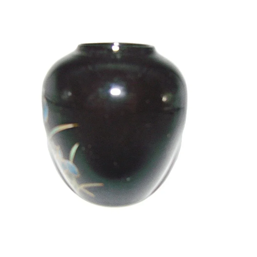 San Francisco Black Onyx Trinket Jar Vase Floral Hand Painted Decorative Flower